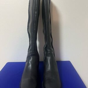 Black Over the Knee Boots with Smooth Leather Finish and Low Heel
